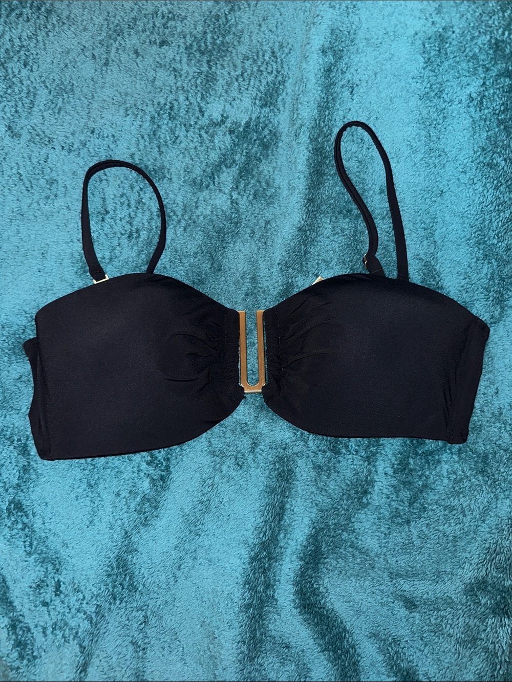 Black Strapless Convertible Bikini Top with Gold Front Accent